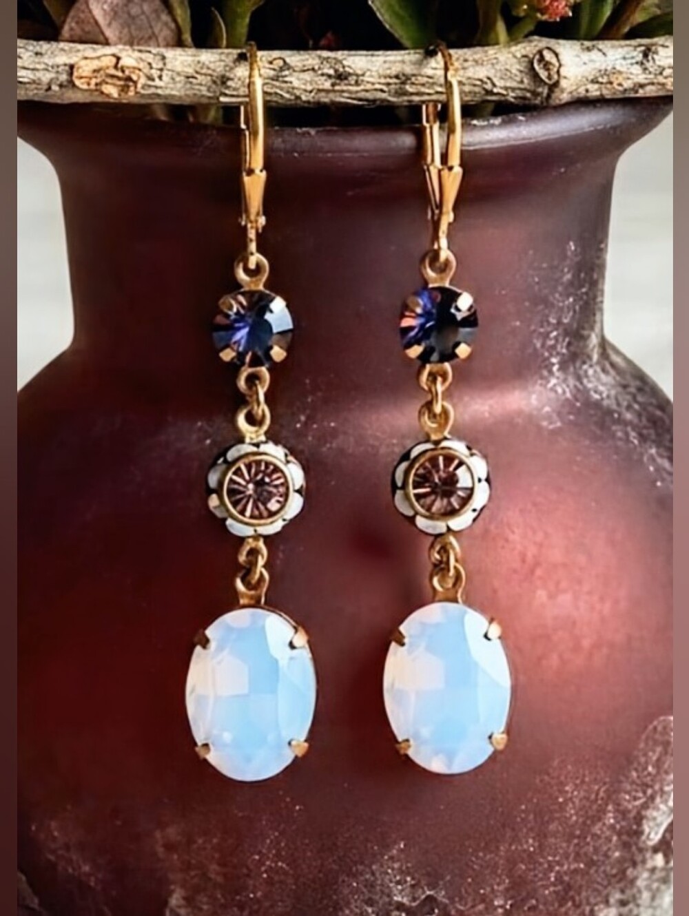 Swarovski Elements Pink AB And Pink Opal Flower Dangle Drop Earrings